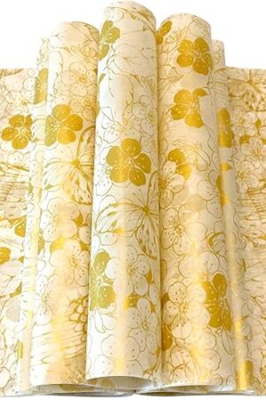 150pcs Gold and White Floral and Birds Patterned Wax Paper Sheets Sandwich Wrapping Paper, Greaseproof Wrap Parchment Air Fryer Disposable Paper Liner Food Basket Liners for Outdoor Picnic