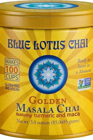 Blue Lotus Chai Golden Masala Flavor - 3 Oz Instant Chai Powder | Makes 100 Cups | No Steeping Required | with Organic Spices | Gluten Free | Instant Indian Tea