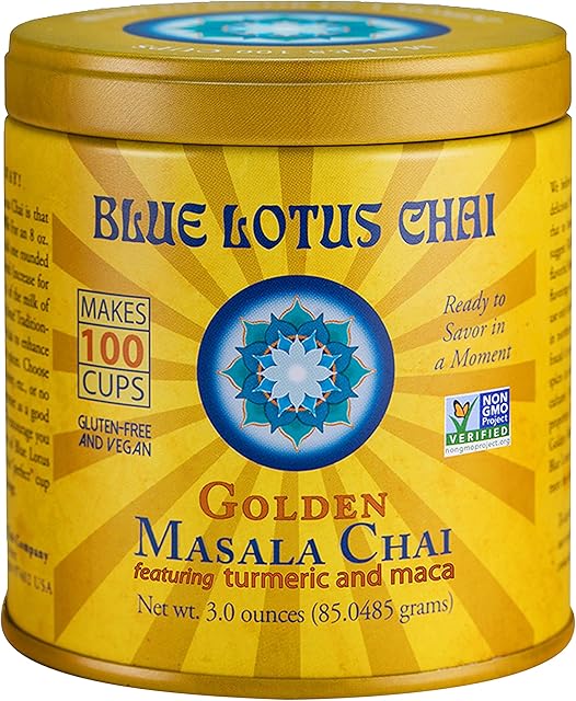 Blue Lotus Chai Golden Masala Flavor - 3 Oz Instant Chai Powder | Makes 100 Cups | No Steeping Required | with Organic Spices | Gluten Free | Instant Indian Tea