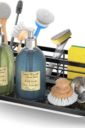 Cisily Large Kitchen Sink Caddy Organizer, Rustproof Non-Slip Soap Dish Dispenser Brush, Sponge Holder for Kitchen Sink, Kitchen Organization and Storage, Home Essentials Accessories（Black）