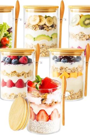 6 Pack Overnight Oats Containers with Lids and Spoons, 16oz Glass Jars with Bamboo Lids, Airtight Meal Prep Yogurt Containers for Breakfast, Parfait, Salad, Chia Pudding