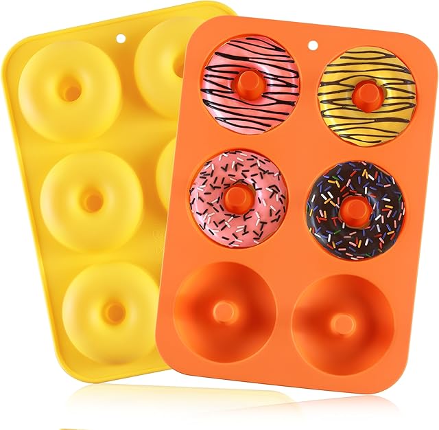 2PCS Donut Pan, HIA Silicone Donut Molds for Baking, Non-Stick Doughnut Pan for 6 Doughnuts, Heat Resistant, Dishwasher Microwave Safe (Orange+Yellow, Set of 2)