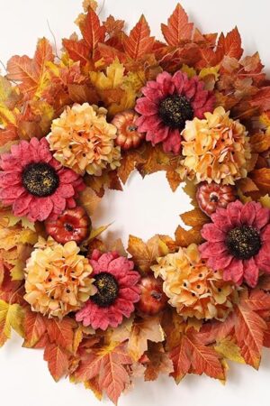 28'' Large Fall Wreath for Front Door, Porch, Window- Artificial Maple Leaves Faux Sunflower Hydrangea Pumpkins Outdoor Autumn Wreath for Home, Farmhouse Wall Thanksgiving Day Harvest Festival Decor