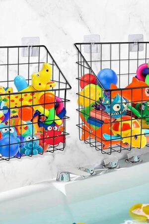 2 Pack Bath Toy Storage Organizer Basket, Large Metal Bathtub Toy Holder, Wall Mounted Hanging Shower Basket, Bath Toy Organizer For Bathtub for Easy Access and Sorting Toys/Clothes/Toiletries