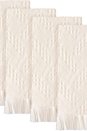 4 Pack Boho Bathroom Hand Towel 14 x 30 Inch 100% Turkish Cotton Decorative Boho Kitchen Hand Towel Farmhouse Bathroom Decor Set Absorbent Soft Guest Tea Gift (Cream White)