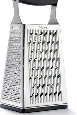 Cuisipro Stainless Steel Cheese Grater with Handle, 4 Sided Box Grater for Kitchen, Ginger Grater Dishwasher Safe, Fruit and Vegetables Slicer, Cheese Shredder for Potato, Chocolate, Parmesan, Ginger