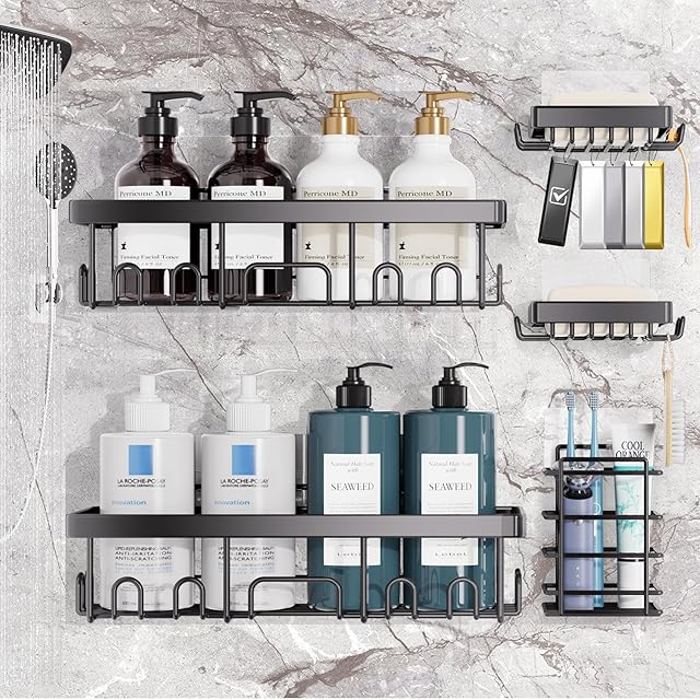 Veken Wall-Mounted Shower Caddy Kitchen Sink Organizer Spice Rack Storage Shelves Large Capacity for Kitchen Bathroom