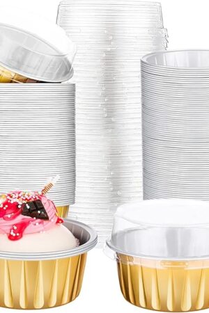 200 Pack Aluminum Foil Cupcake Baking Cups 5oz Cupcake Liners Dessert Cups with Lids Disposable Cupcake Cups Mini Cake Containers Flan Mold Tin Mini Muffin Liners for Wedding(Gold)