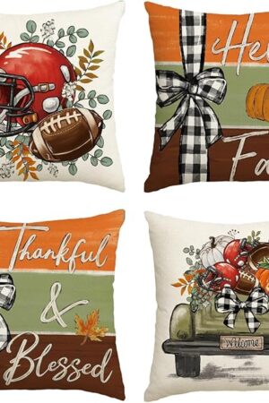 AVOIN colorlife Hello Fall Football Pumpkin Eucalyptus Leaves Pillow Covers, 18 x 18 Inch Car Thankful Blessed Seasonal Thanksgiving Harvest Cushion Case Decoration for Sofa Couch Set of 4