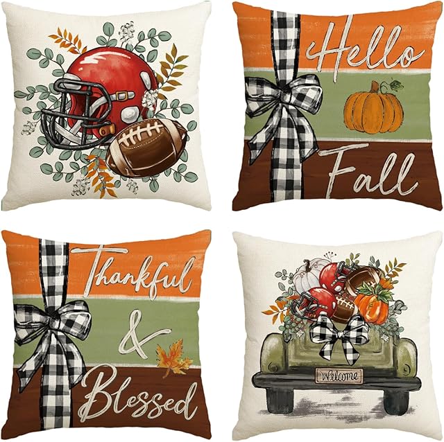 AVOIN colorlife Hello Fall Football Pumpkin Eucalyptus Leaves Pillow Covers, 18 x 18 Inch Car Thankful Blessed Seasonal Thanksgiving Harvest Cushion Case Decoration for Sofa Couch Set of 4