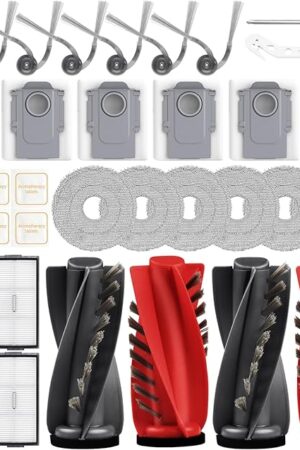 34-Piece Accessory Kit for Roborock Saros 10R Robot Vacuum 4 Main Brushes, 4 HEPA Filters, 6 Mop Pads, 6 Dust Bags, 6 Fragrance Tablets, 6 Side Brushes, 1 Cleaning Brush, 1 Screwdriver