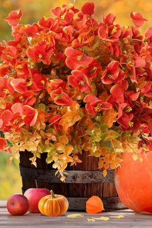 Artificial Fall Flowers for Outdoors Fall Fake Plants,12 Bundles Artificial Fall Flowers, Faux UV Resistant Silk Pansies Fall Flowers for Outsid, Faux Flowers for Outdoor Planters(Orange Red)