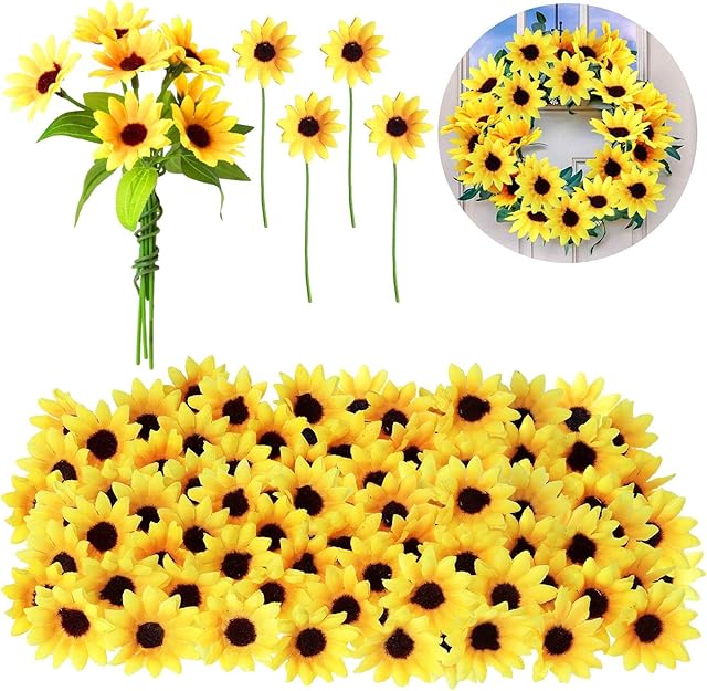 50 Pcs Mini Artificial Sunflower Heads with Iron Stems for Home Party Decoration Wedding Decor, Bride Holding Flowers Centerpieces Wreath Garden DIY Art Decor Crafts(1.57 Inch)
