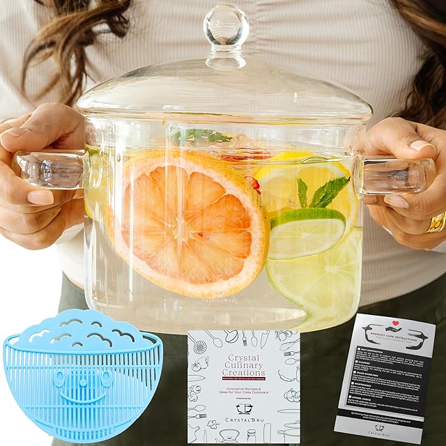 2L Clear Glass Simmer Pot with Lid & Strainer | Heat-Resistant Borosilicate Glass Pot for Pasta, Soup, Baby Food & Milk | Electric Simmer Tool for Home Fragrance | Anti-Scald Handles