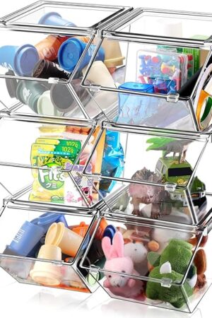 Yerliker Clear Plastic Storage Bins with Lids Large Stackable Pantry Storage Organizer Bins Kitchen Organization Cabinet Organizers Ideal Containers for Fridge, Kitchen, Cabinets, Bathroom (6 Pcs)