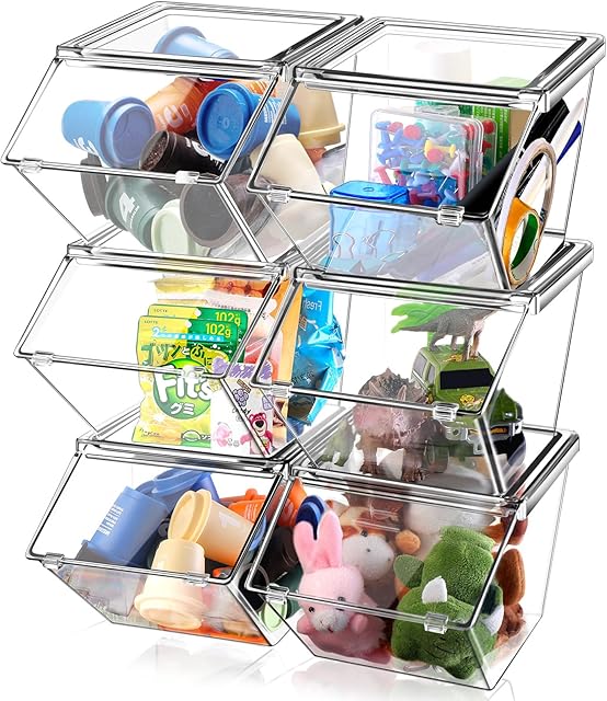 Yerliker Clear Plastic Storage Bins with Lids Large Stackable Pantry Storage Organizer Bins Kitchen Organization Cabinet Organizers Ideal Containers for Fridge, Kitchen, Cabinets, Bathroom (6 Pcs)