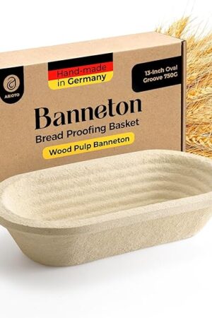 13" Oval Wood Pulp Banneton Bread Proofing Basket – 1.5LB Brotform, Grooved Pattern– Non-Stick Natural Wood Pulp Pressed for Durability– Made in Germany Proofing Basket for Sourdough Bread Baking