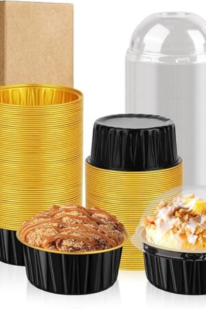 60 Pack 5 OZ Round Mini Cake Pans with Lids, Disposable Aluminum Foil Baking Pans with Lids, Mini Cake Containers for Birthday Party, Wedding, Baby Shower, Holiday Celebration