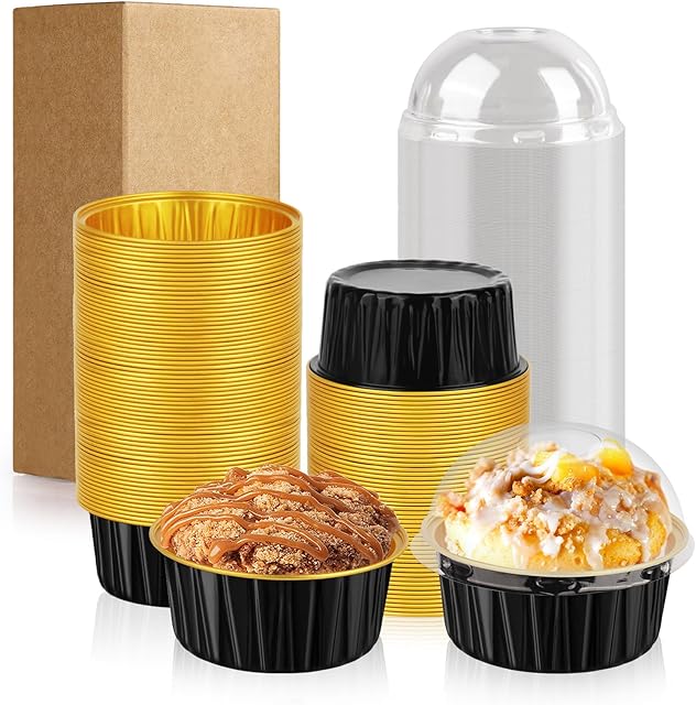 60 Pack 5 OZ Round Mini Cake Pans with Lids, Disposable Aluminum Foil Baking Pans with Lids, Mini Cake Containers for Birthday Party, Wedding, Baby Shower, Holiday Celebration