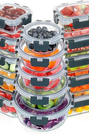 VERONES 30 Pieces Glass Meal Prep Containers Set, Stackable Glass Food Storage Containers with Lids-Airtight Glass Lunch Containers，for Microwave, Oven, Freezer & Dishwasher,Grey