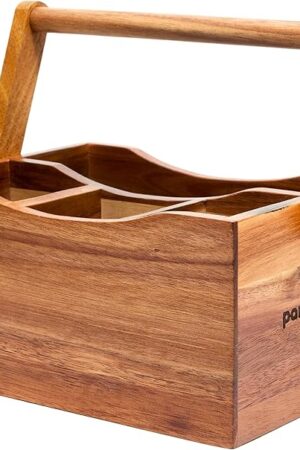 Acacia Wood Plate and Silverware Caddy Countertop, Outdoor Utensil Caddy for Party, Spatula Cutlery Holder,Napkin, Picnic Caddy, Wooden Utensil Holder For Kitchen Counter, Flatware organizer