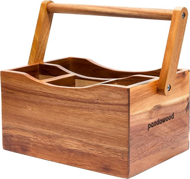 Acacia Wood Plate and Silverware Caddy Countertop, Outdoor Utensil Caddy for Party, Spatula Cutlery Holder,Napkin, Picnic Caddy, Wooden Utensil Holder For Kitchen Counter, Flatware organizer