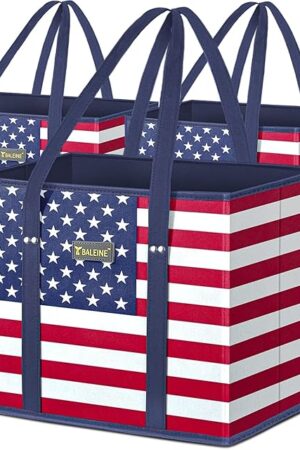 BALEINE 3Pk Reusable Grocery Bags, Foldable Shopping Bags for Groceries with Reinforced Bottom & Handles (Patriot Celebration)