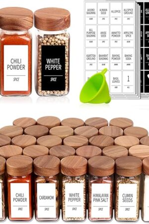 Churboro 24 Spice Jars with 547 Labels - Glass Spice Jars with Shaker Lids - 4 Oz Square Spice Containers with Acacia Wood Lids, Chalk Pen, Funnel- Seasoning Jars for Spice Rack, Cabinet, or Drawer