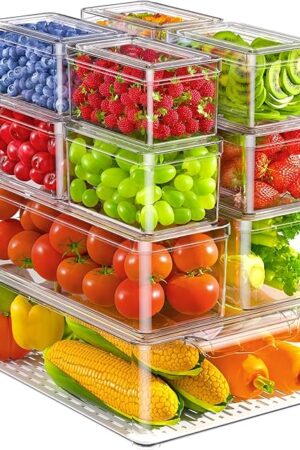 11 Pack Refrigerator Organizers and Storage, Stackable Fridge Organizer Bins, BPA-Free Clear Plastic Fruit Storage Containers for Fridge, Kitchen, Fruits, Drinks, Produce, Vegetable