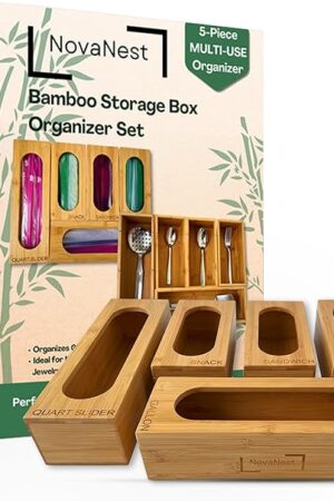 5PCS Bamboo Storage Bag Organizer Set, Multi-Use Baggie Organizers for Gallon, Quart, Sandwich, Snack Food Bags, Tea Bag, Silverware, Ideal for Kitchen, Office, Makeup, Bathroom, Utensil, Junk Drawer