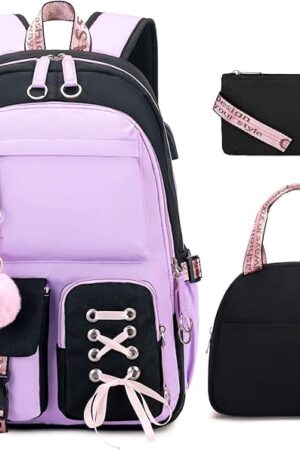Backpacks for Girls, Girls Backpack with Lunch Box and Pencil Case for Teen Kids Elementary Middle High School College Student, Children School Backpack Bookbag with USB Charging Port (Purple)