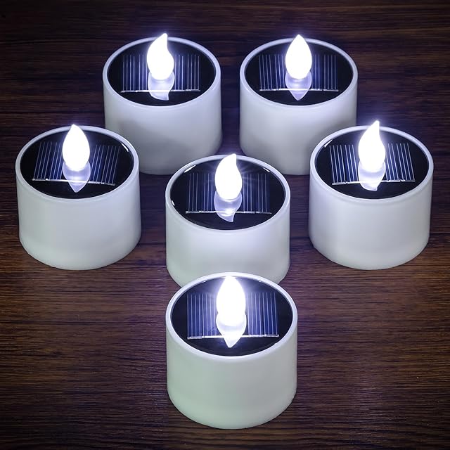 6 Pack Cool White Solar Powered Flameless Tealights, Rechargeable Outdoor Waterproof LED Flickering Electric Solar Tea Light Candles Flicker Fake LED Votive Candle Bulk for Outside Decorations