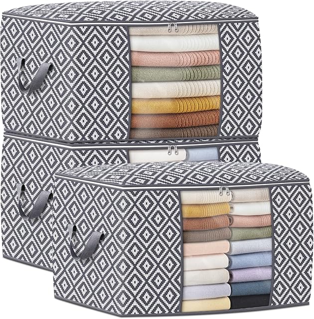 Direct 100L, 3 Pack, Storage Containers, Large Clothes Storage Bins Foldable Organization and Storage Bags with Reinforced Handle, Clear Window for Bedding, Blankets, Clothing, Grey
