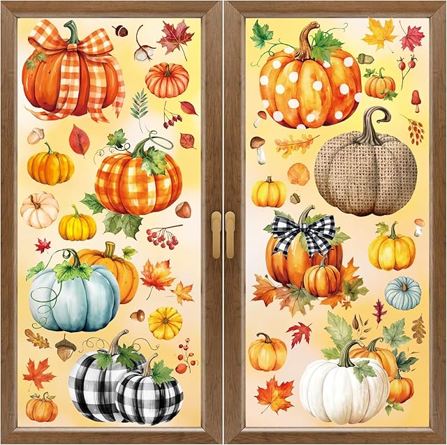 XZENTIRA 8 Sheets Fall Window Clings Pumpkin Glass Window Clings Fall Decorations for Home Pumpkin Leaves Window Stickers Decor for Autumn Home Thanksgiving Decor