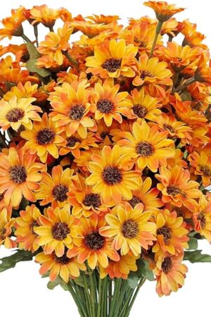 10 Bundles Artificial Fall Flowers Fake Mums Outdoor No Fade Faux Silk Daisy Bulk Plants Flower Arrangements for Autumn Home Outside Porch Patio Farmhouse Garden Pots Planter Decor