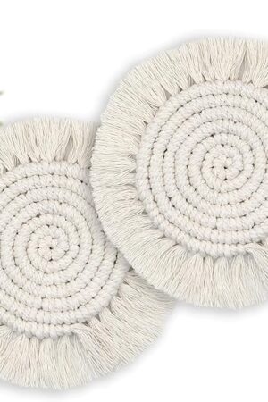 Boho Coasters Set of 2, Cute Drink Coasters Absorbent for Desk, Farmhouse Handmade Woven Macrame Coaster for Mugs Cups - Home Decor Housewarming Gift, Round Beige