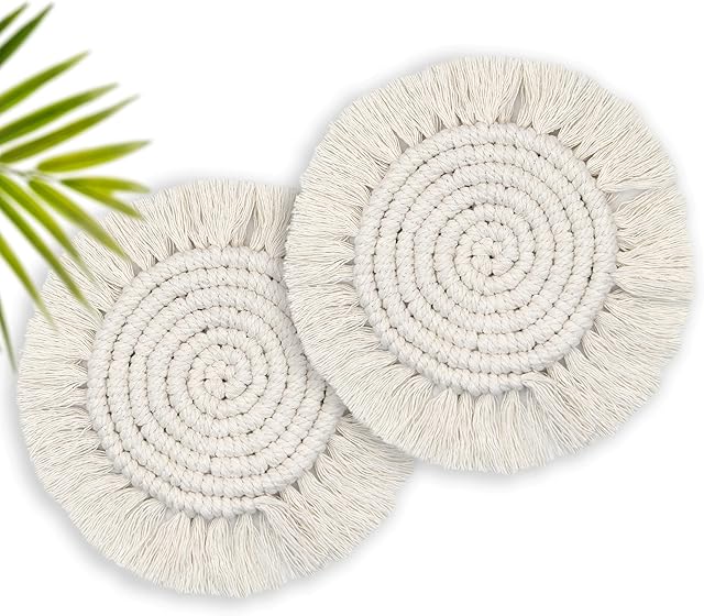 Boho Coasters Set of 2, Cute Drink Coasters Absorbent for Desk, Farmhouse Handmade Woven Macrame Coaster for Mugs Cups - Home Decor Housewarming Gift, Round Beige