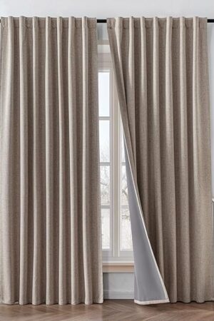 100% Blackout Curtains 84 inch Length 2 Panels Faux Linen Long Drapes for Bedroom Living Room Black Out Room Darkening Curtain Thermal Insulated Back Tab Rod Pocket(W52 x L84, Beige)