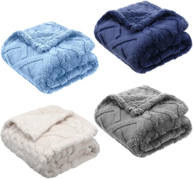 4 Pcs Fleece 30" x 40" 3D Fluffy Baby Blanket for Boys Nursery Little Girl Infant or Newborn Receiving Swaddling Blankets(Blue Set)