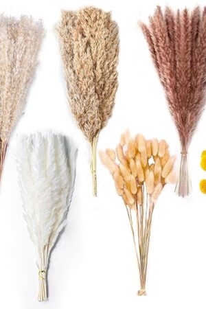 100PCS Natural Dried Pampas Grass Decor - 17.5" Fluffy Pampas Grass Bouquet - Boho Home Decor Dried Flowers for Wedding Floral Room Home Party Table Decorations