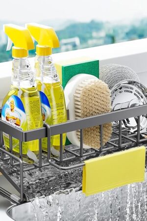 BREIS Kitchen Sink Caddy Organizer with Rag Holder,Self-Draining Sponge Holder for Countertop Soap Dispenser Organizers and Storage Essentials,Kitchen Decor and Accessories