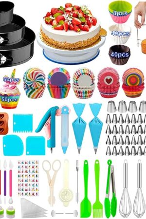 Cake Decorating Supplies,493 PCS Cake Decorating Kit 3 Packs Springform Cake Pans, Cake Rotating Turntable,48 Piping Icing Tips,7 Russian Nozzles, Baking Supplies,Cupcake Decorating Kit, Multicolor