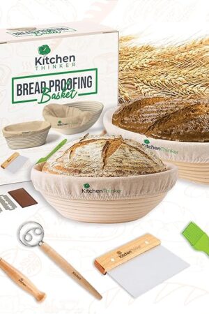 Banneton Bread Proofing Basket, Sourdough Bread Baking Supplies with 9 Inch Round and 10 Inch Oval Banneton Basket, Danish Dough Whisk,Dough Scraper and Bread Lame