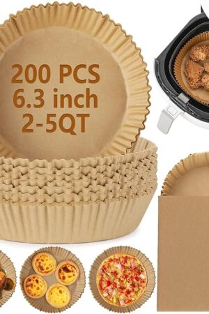200Pcs Air Fryer Disposable Paper Liner, Round Non-Stick Air Fryer Liners Parchment Paper for Baking Roasting Roasting Microwave Oven (6.3 inch)