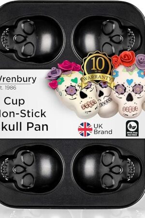Wrenbury Large Skull Cupcake Baking Pan - Non Stick 6 Cup Spooky Treat Cake Tin - Bake a Halloween Masterpiece - Non Toxic and Effortless Cleaning - 4.75" Cup