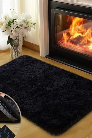 Black Rugs for Bedroom, 2x3 Feet Fluffy Area Rugs for Living Room, Soft Shag Kids Rug Small Carpet with 4 Non-Slip Rug Pads (2ft x 3ft, Black)