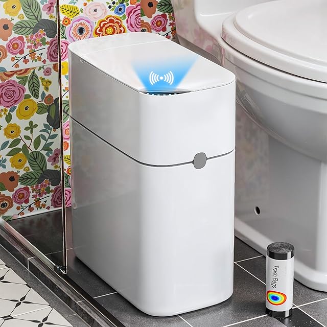 CTIME Touchless Automatic Bathroom Trash Can with Lid - 3 Gallon Slim Motion Sensor Garbage Can for Bedroom, Kitchen, Office - White (6" W x 11" L x 13" H)