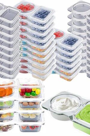 [40Pcs] Reusable Snack Container with Double Compartment - Clear Condiment Container for Snacks - Reusable Snack Packs with Lids - Ideal for On-the-Go Snacking