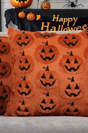 4TH Emotion Halloween Pumpkin Decorative Pillow Covers 18x18 Set of 2, Dark Rust Red Soft Plush Faux Fur Farmhouse Throw Cushion Cases for Fall Autumn Holiday Home Decorations
