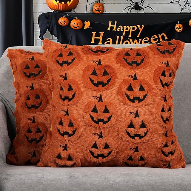 4TH Emotion Halloween Pumpkin Decorative Pillow Covers 18x18 Set of 2, Dark Rust Red Soft Plush Faux Fur Farmhouse Throw Cushion Cases for Fall Autumn Holiday Home Decorations